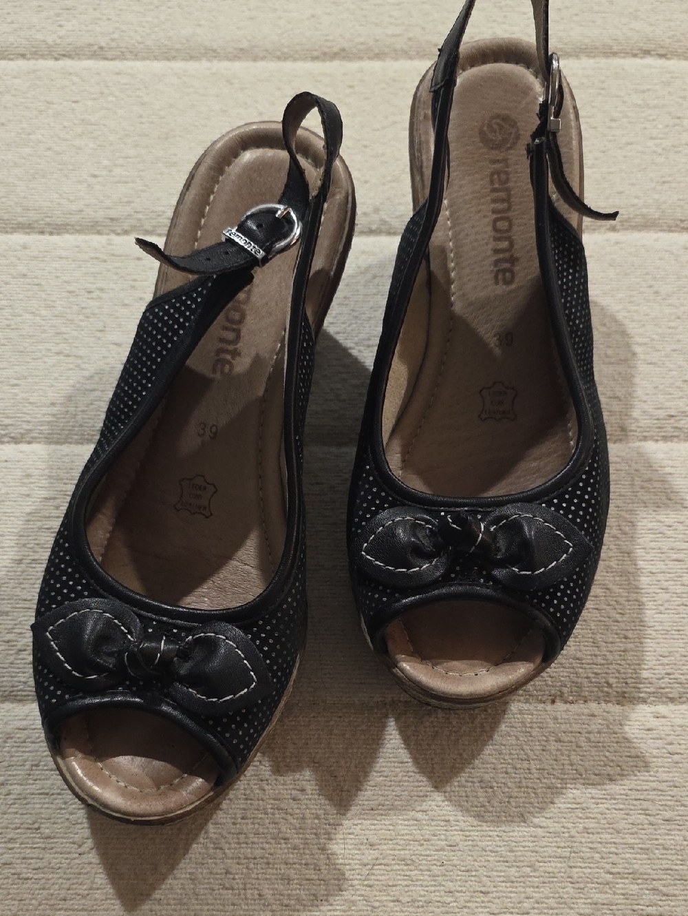 Remonte Black Peep-Toe Slingback Wedge Sandals with Bow